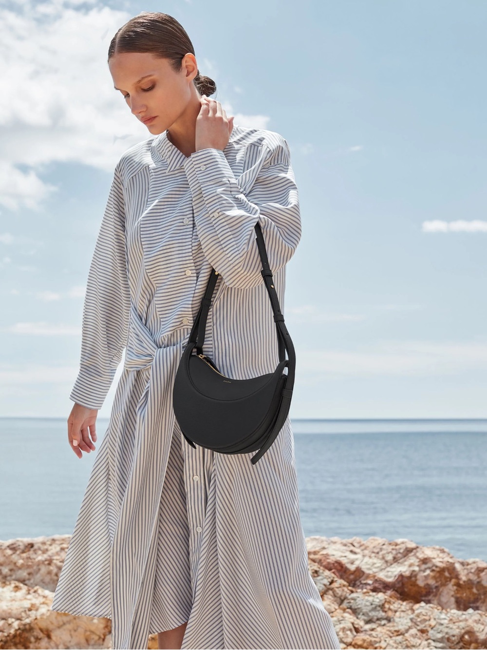 Polène Numéro Dix Textured Black Calf Leather Crossbody Bag
